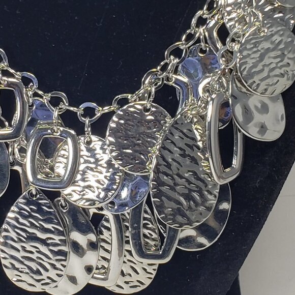 Polished  Silver tone Layered Textured, Hammered Discs Hoops Charms Necklace - Picture 3 of 10